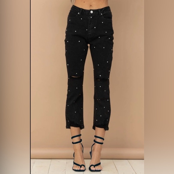 blue b Denim - Black Rhinestone Studded Women's High Rise Jeans Cropped Distressed Stretch Sz S